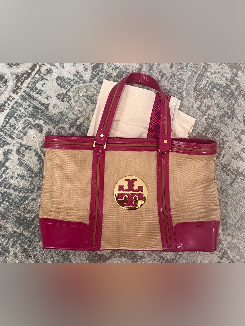 Tory Burch Straw Tote with Fuchsia Patent Trim and Gold Logo